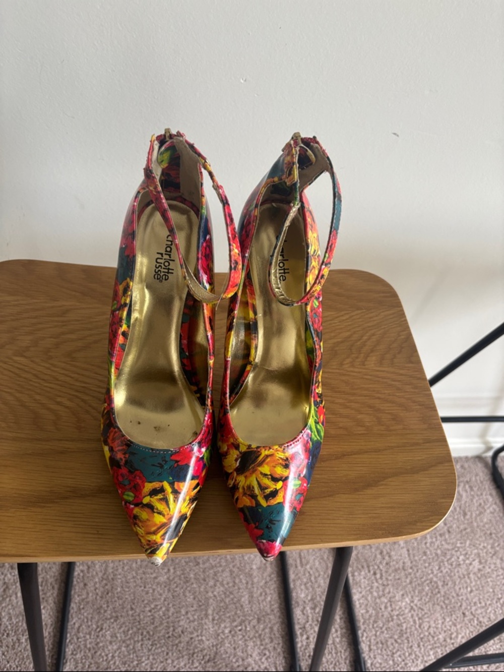 Charlotte Russe Floral Pointed Ankle-Strap Heels in Red, Yellow, Teal